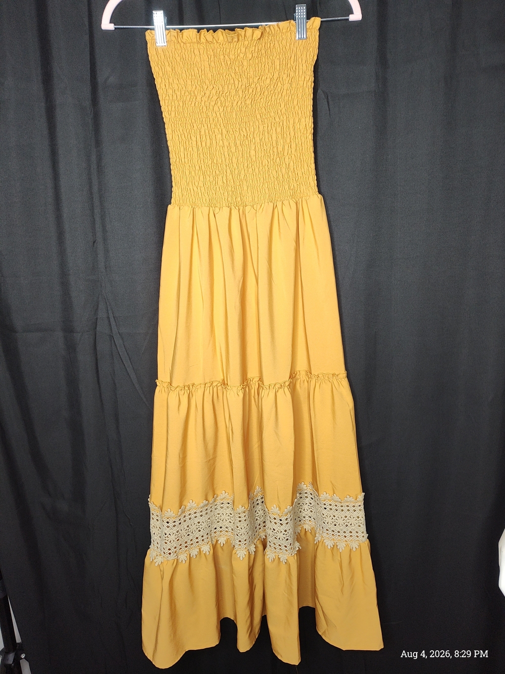 Yellow Bohemian Style Smocked Bandeau Top Strapless Maxi Dress Tiered Lace